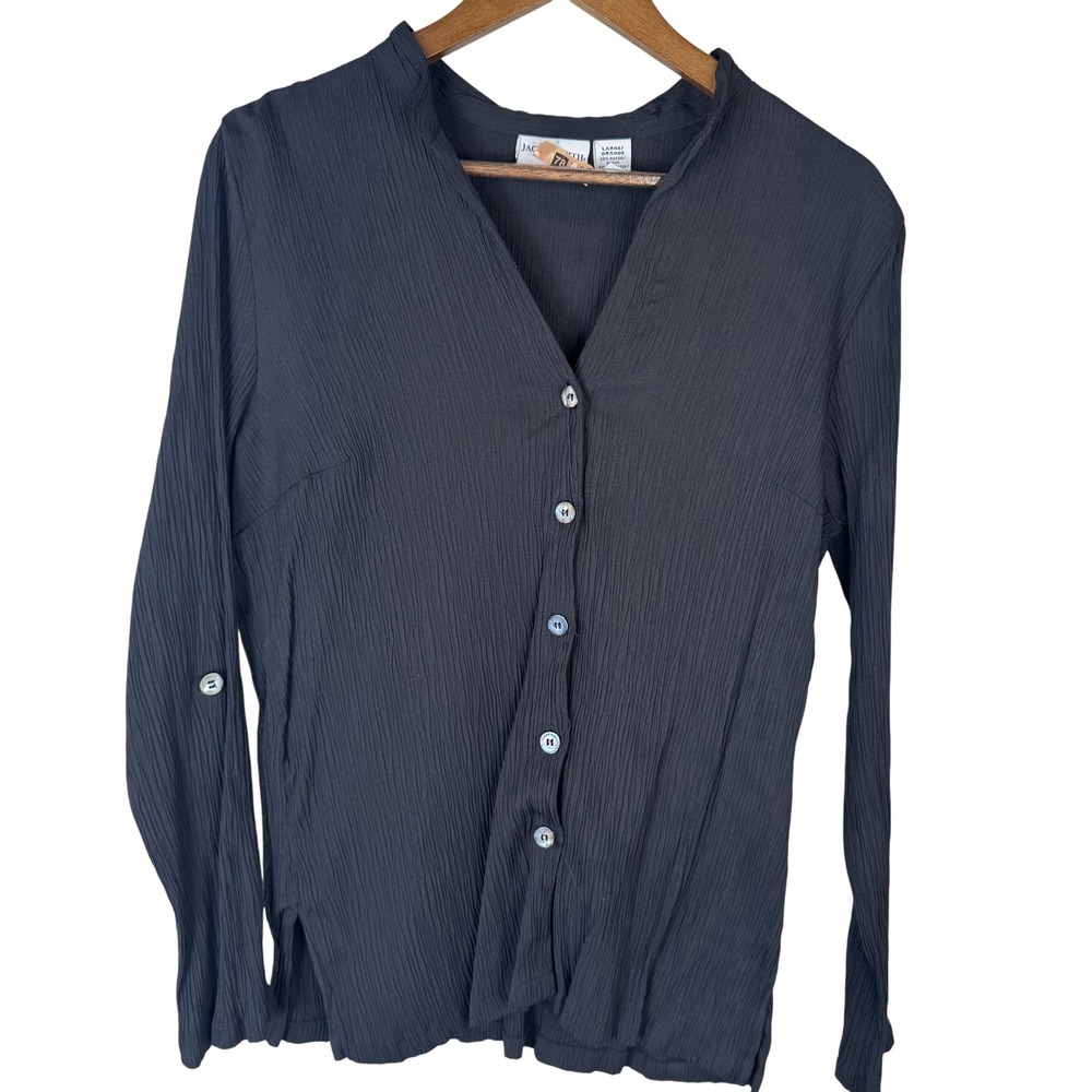 Jaclyn Smith Shirt Womens Large Black Button Front Crinkle Blouse Long Sleeve